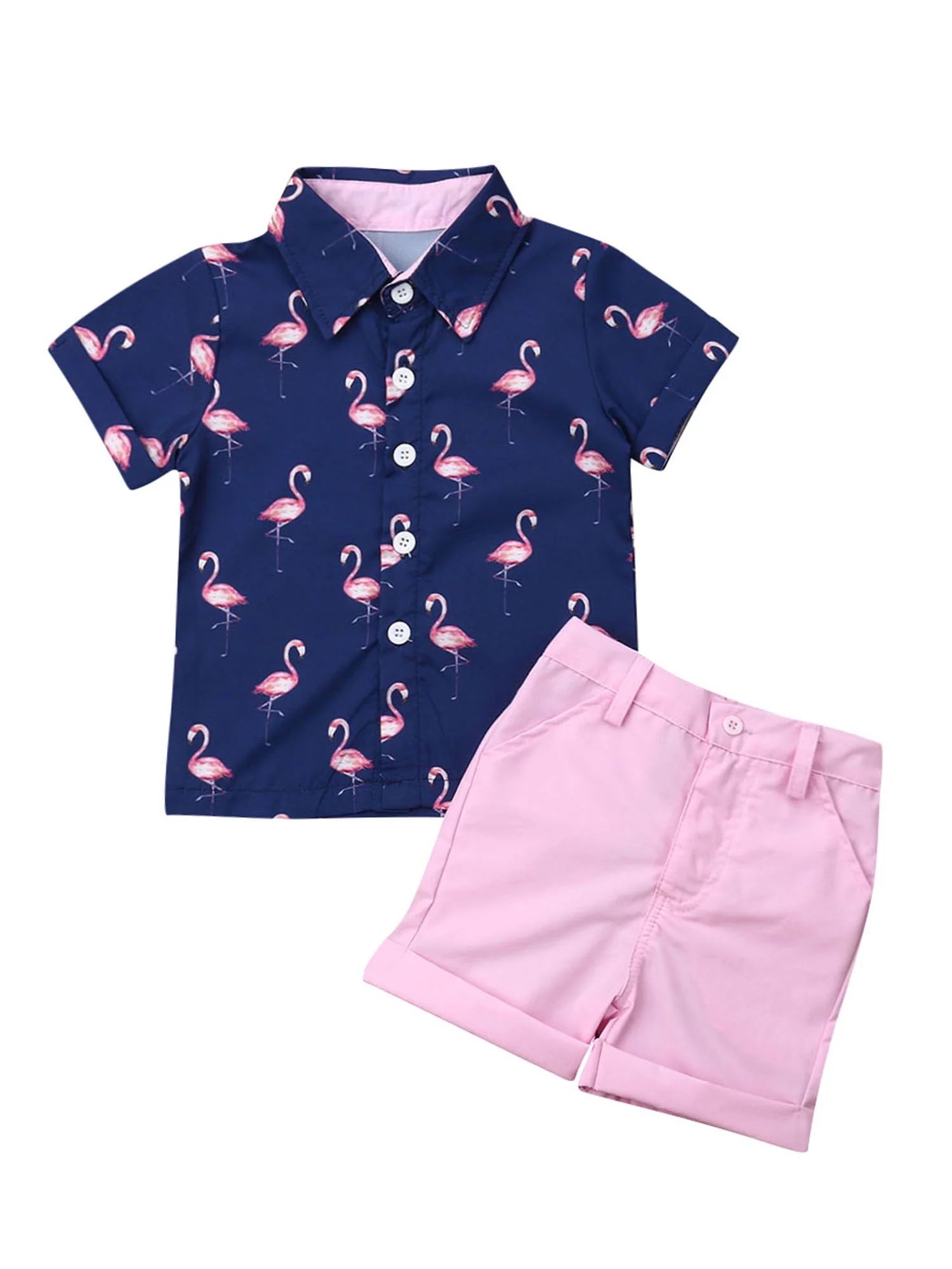 Bebiullo 2PCS Toddler Kid Baby Boy Short Sleeve Shirt Flamingo Button Tops+Solid Pocket Short Pan... | Walmart (US)