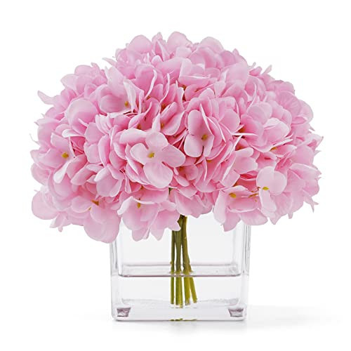 rubystory Silk Pink Hydrangea Artificial Flowers in Vase with Faux Water, Silk Flower Arrangements in Vase for Home Decor, Wedding Table (Pink) | Amazon (US)