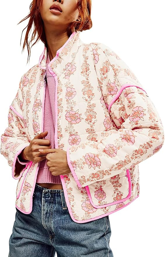 Tankaneo Womens Quilted Lightweight Jackets Floral Print Winter Coats Open Front Cardigan with Po... | Amazon (US)