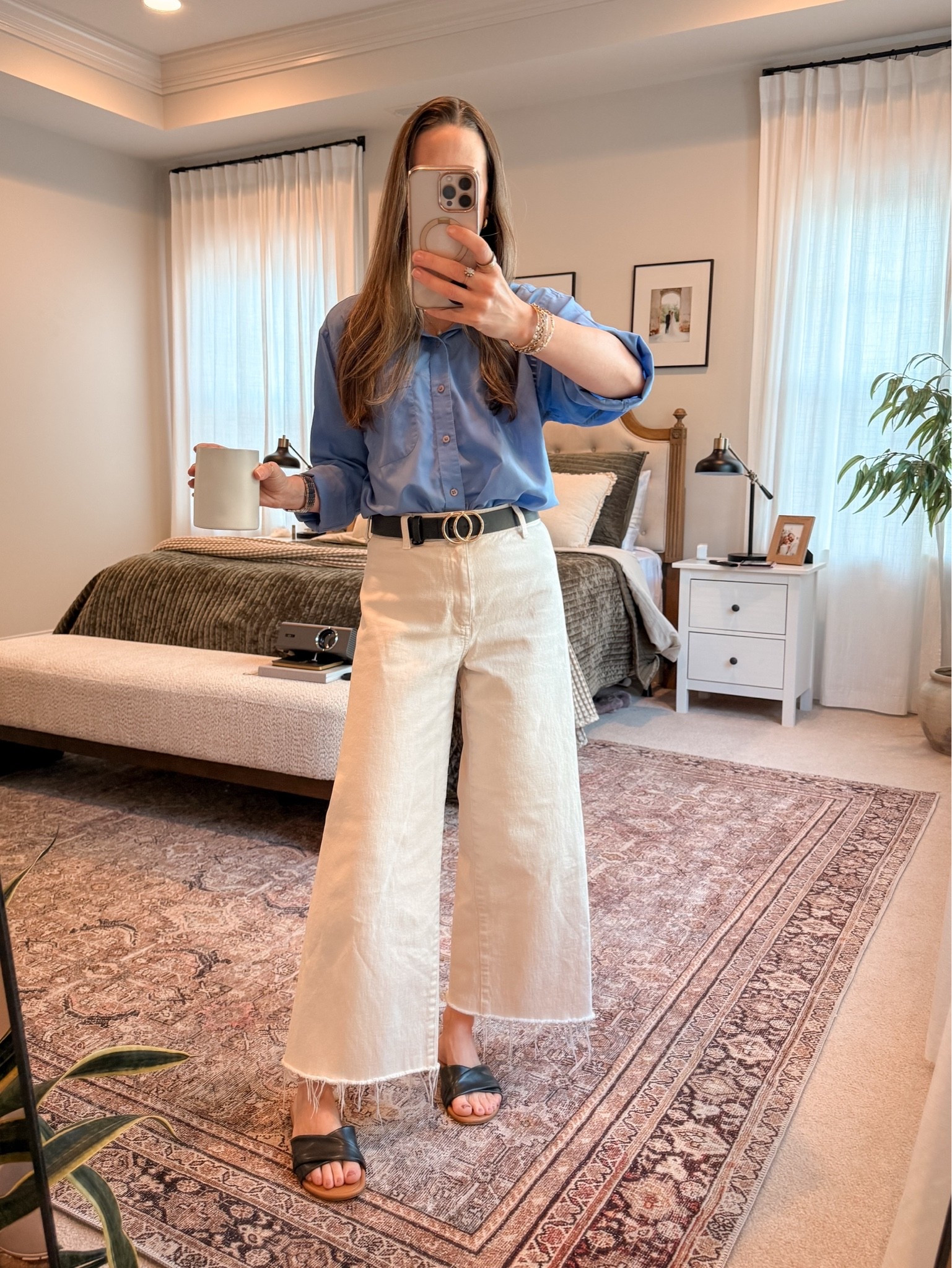 Summer workwear, but make it easy 🤍🩵 This blue button-down + white sailor jeans combo great for office casual / business casual days when it’s hot outside but the AC is freezing inside. Linking my exact Target sailor jeans + a few similar white wide leg jeans / cropped wide leg jeans and classic button-down shirts for a simple summer capsule wardrobe outfit. ✨

#LTKootd #LTKSeasonal #LTKWorkwear