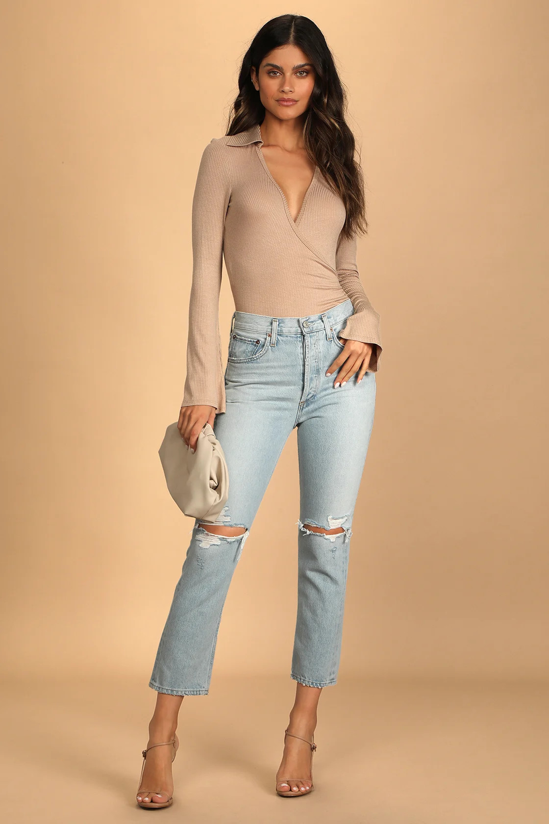 Head to Class Beige Ribbed Collared Long Sleeve Bodysuit | Lulus (US)