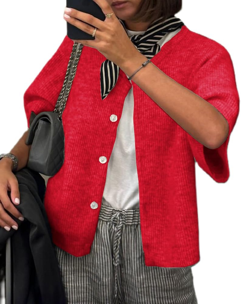 Y2K Knitted Crop Cardigan for Women Short Sleeve Button Down Sweater Shirt Ribbed Knit Cropped To... | Amazon (US)