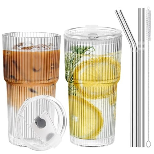 RÉΑLWÁY Iced Coffee Cups with Lids and Straws，20 OZ Glass Cups with Lids and Straws, Clear Ribbed Glass Tumbler Reusable Drinking Glasses for Matcha, Smoothie, Cocktail,Latte, 2 Pcs | Amazon (US)
