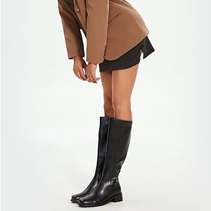 Knee High Boots Women Faux Leather Elastic Boots Low Heel Square Toe Side Zipper Fall Long Tall B... | Amazon (US)