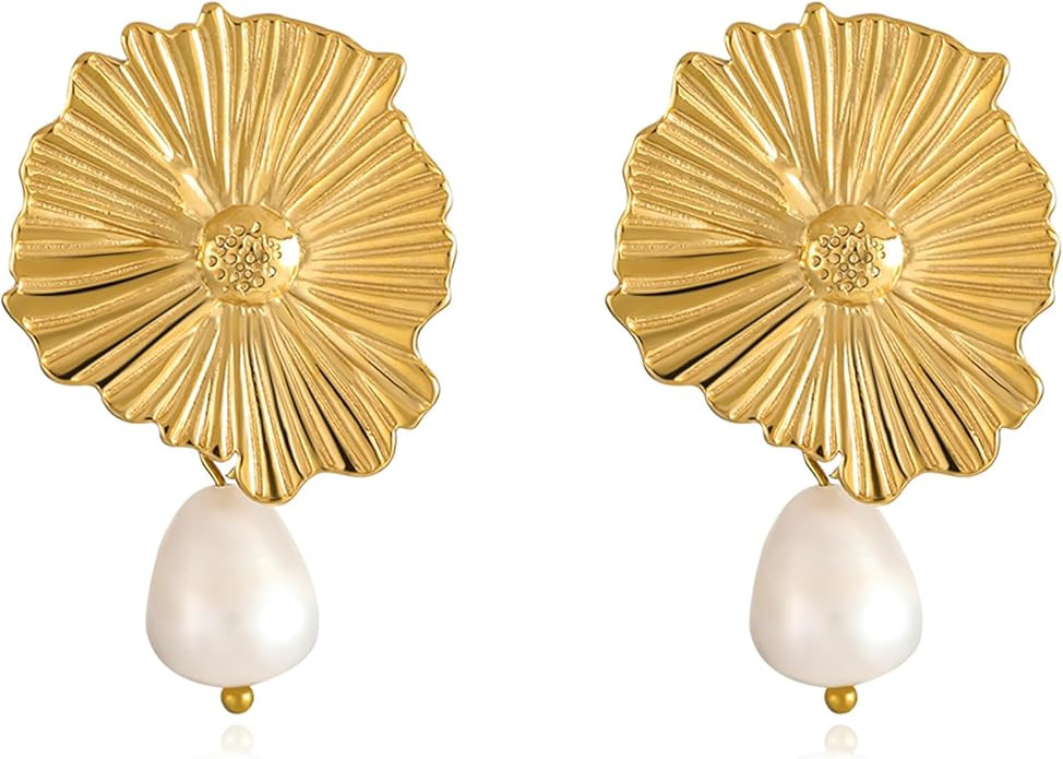 Gold Pearl Earrings for Women - 14K Gold Plated Vintage Statement Pearl Drop Dangle Earrings Fash... | Amazon (US)