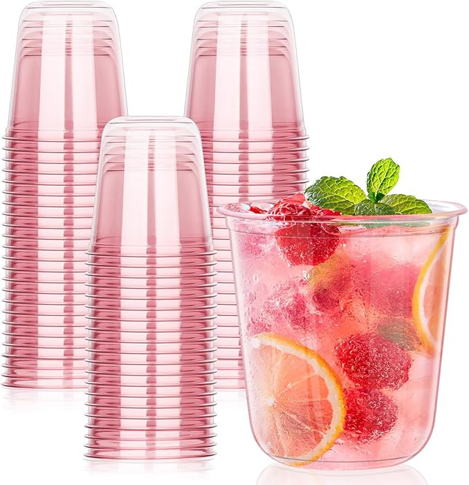 KesaPlan 50 Pcs Pink Plastic Cups, 12oz Disposable Stemless Wine Glasses for Cocktail Cute Clear ... | Amazon (US)