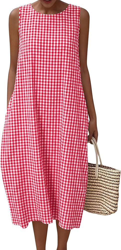 LOMON Summer Dresses for Women Cotton Casual Maxi Dress Beach Vacation Long Sundresses Plaid Stri... | Amazon (US)