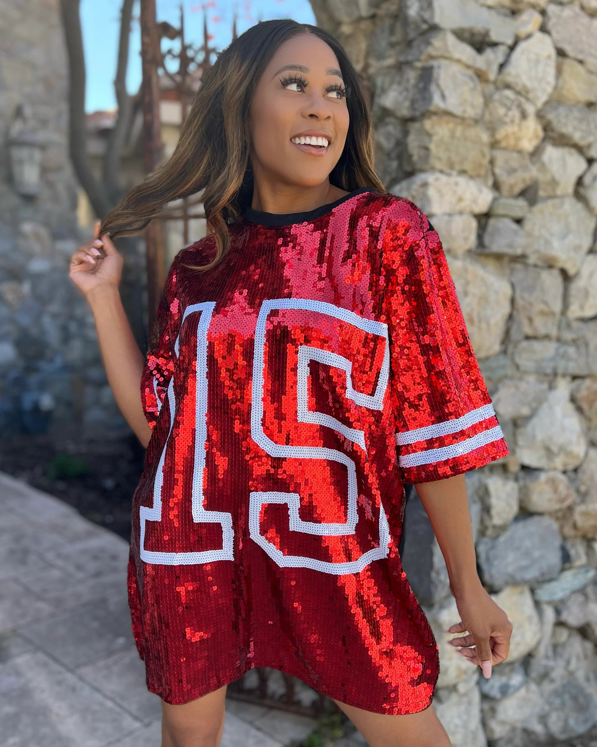 “15” Red Sequin Jersey Dress/Tunic/Top | Live Love Gameday®