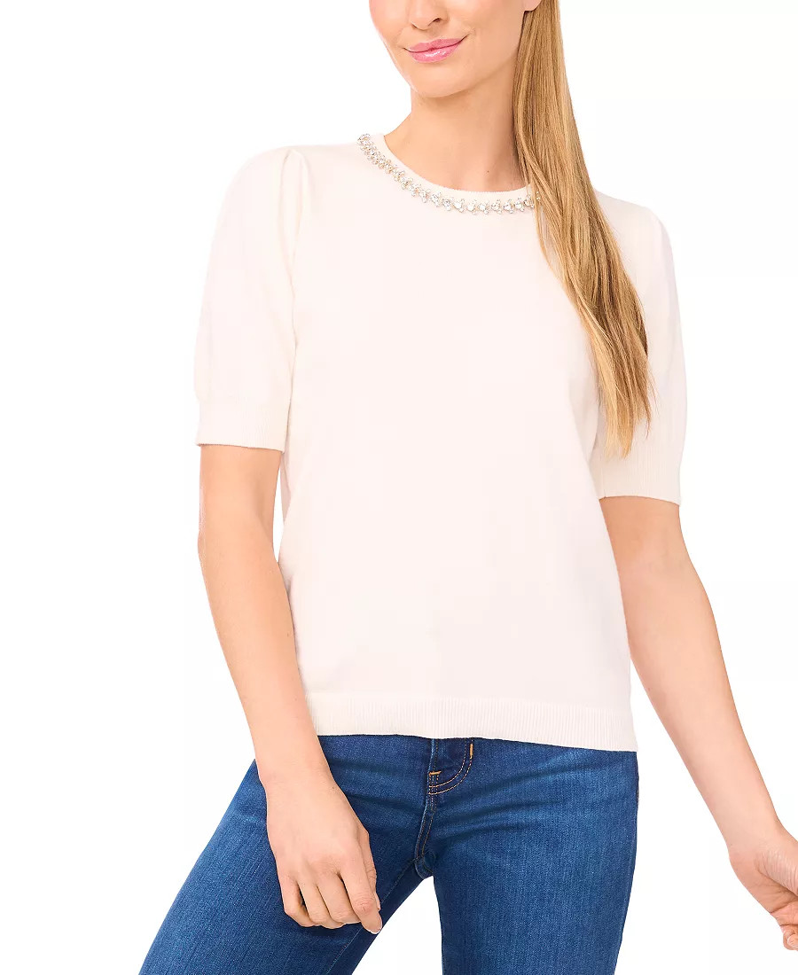 Women's Embellished Neck Trim Short Sleeve Sweater Top | Macy's