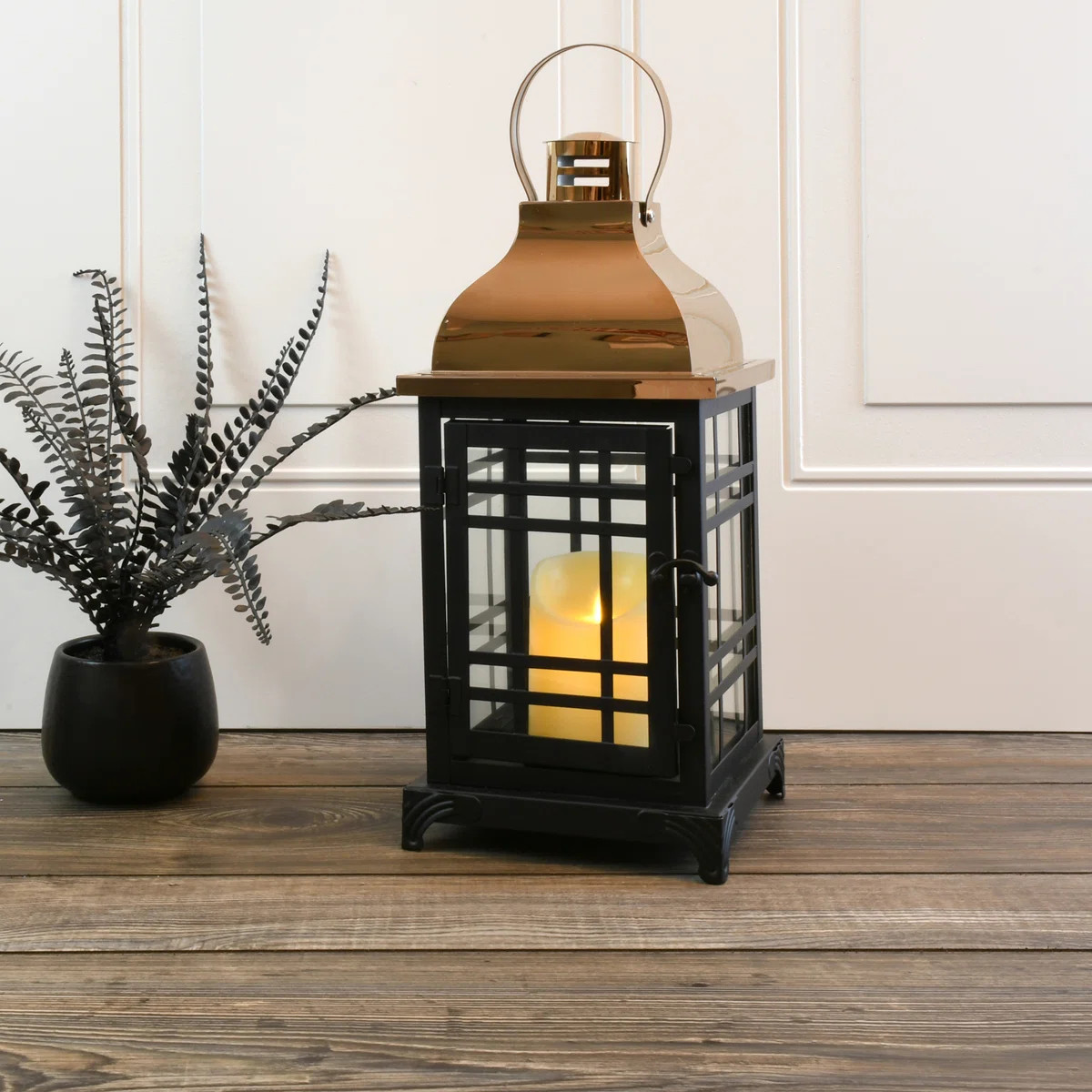 Metal Lantern with Flickering Flame LED Candle - Black with Copper Roof | Wayfair North America