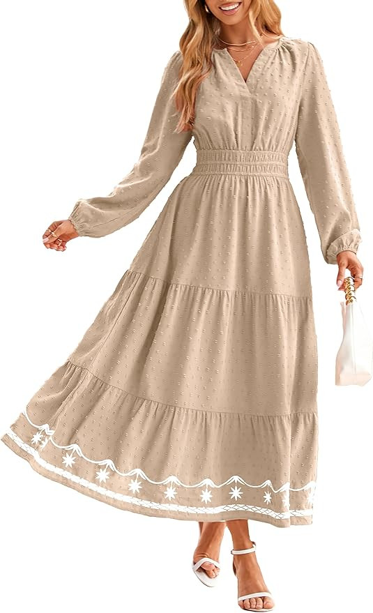 Simplee Womens Long Sleeve Fall Long Dress Swiss Dot Maxi Wedding Guset Dress Boho V Neck Casual ... | Amazon (US)