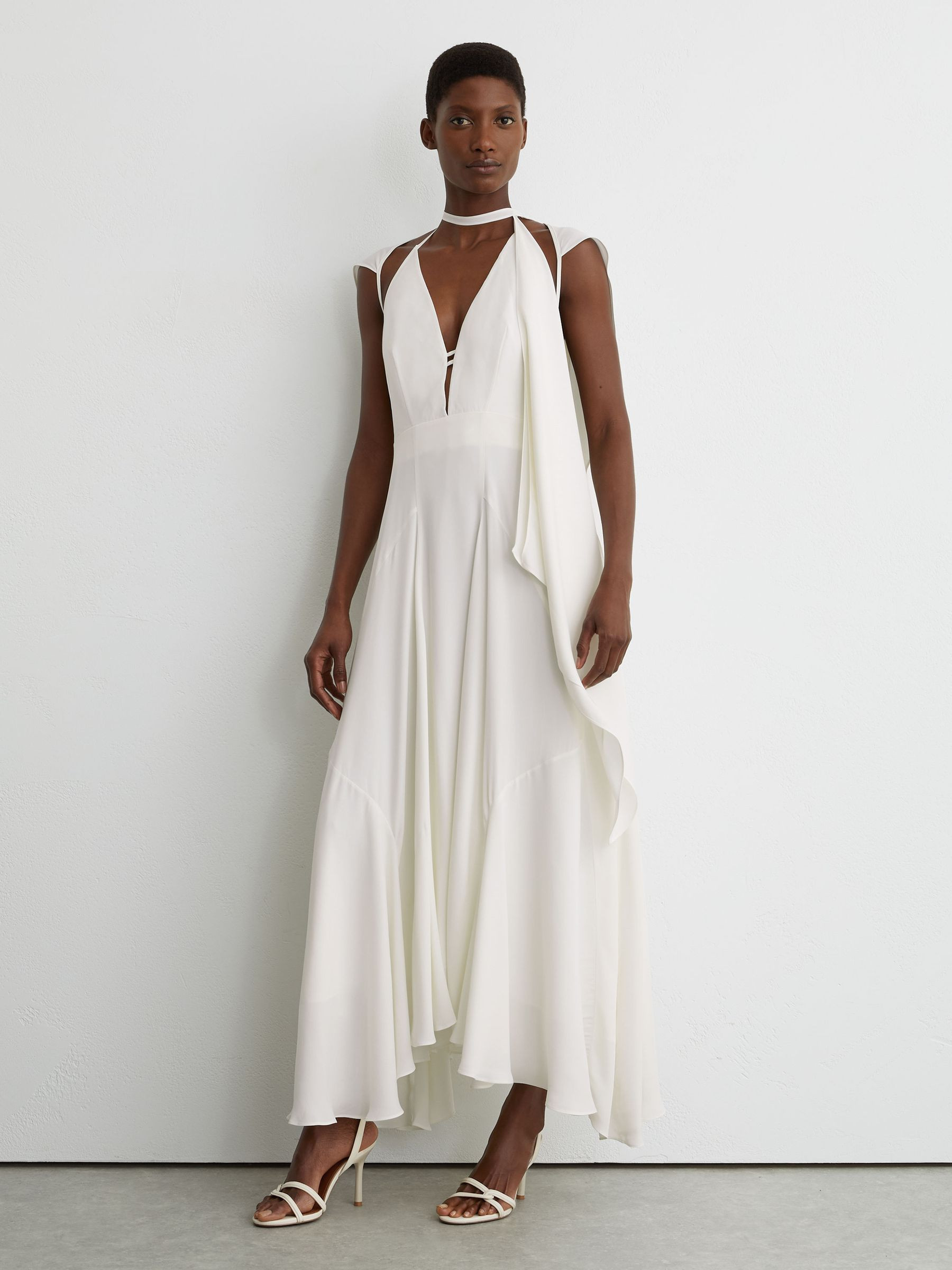 Strappy Draped Cape Maxi Dress in Ivory | Reiss UK