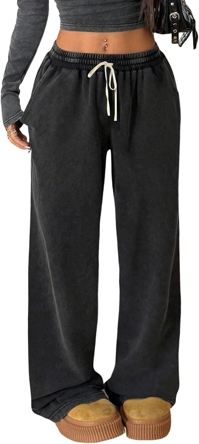 Gihuo Womens Baggy Sweatpants Wide Leg Palazzo Pants Acid Wash Cotton Pants Drawstring Athletic Jogger with Pockets | Amazon (US)