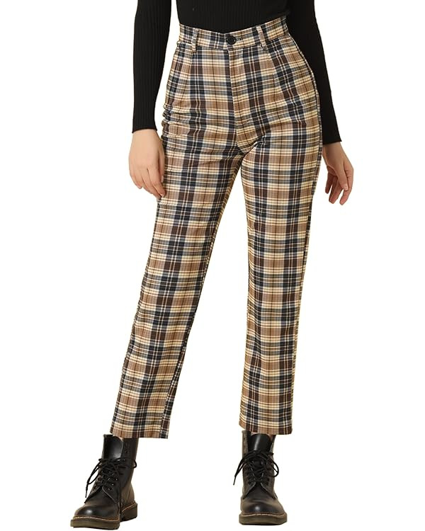 Allegra K Women's Plaid Cropped Trousers Button Casual Tartan Check Work Pants | Amazon (US)