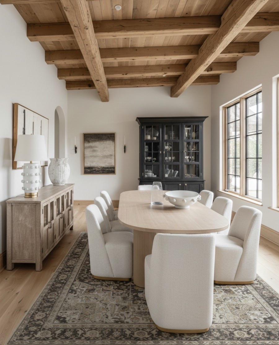 ✨ Shop the look:
Light oak oval dining table | Ivory upholstered dining chairs | Vintage taupe and ivory rug | Black glass hutch | Weathered oak sideboard | White ceramic table lamp with brass detail | Textured white vase | Neutral abstract wall art | Natural wood ceiling beams | Oak plank flooring 

#LTKFindsUnder100 #LTKSaleAlert #LTKHome