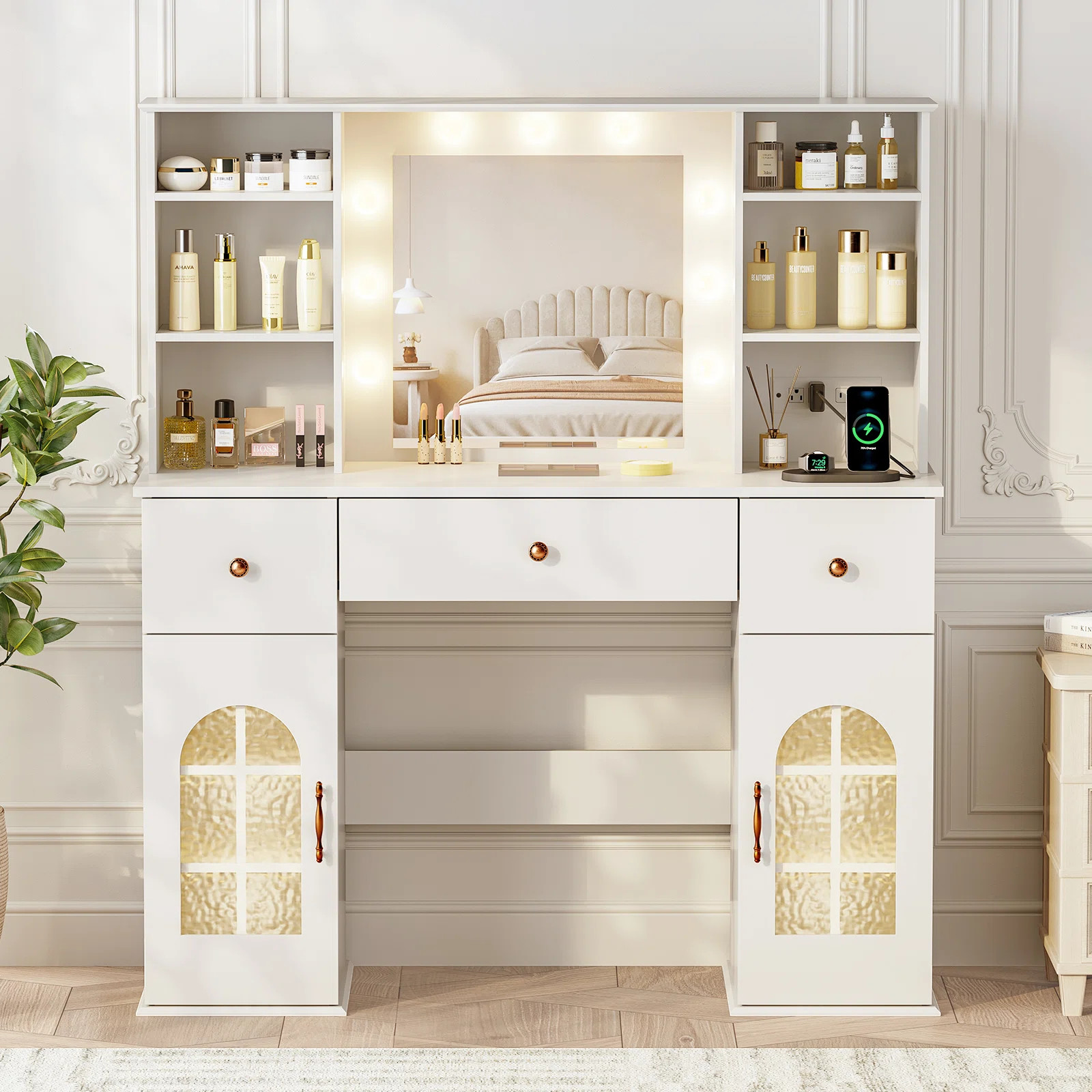 Modern Makeup Vanity with Mirror, Adjustable LED Lights, 3 Drawers, 12 Shelves & Charging Station | Wayfair North America