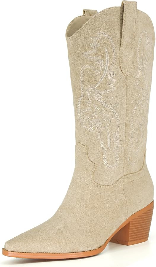 Cowgirl Boots Women Knee High Boots Pointed Toe and Block Heel Cowboy Suede Boots with Embroidere... | Amazon (US)