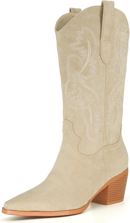 iiimmu Cowgirl Boots Women Suede Mid Calf Tall Boots Pointed Toe and Block Heel Cowboy Boots with... | Amazon (US)