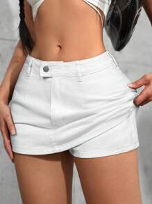 SHEIN MOD Women's Fashionable Solid Color Foldover Pocket Casual Denim Mini Skirt For Summer | SHEIN