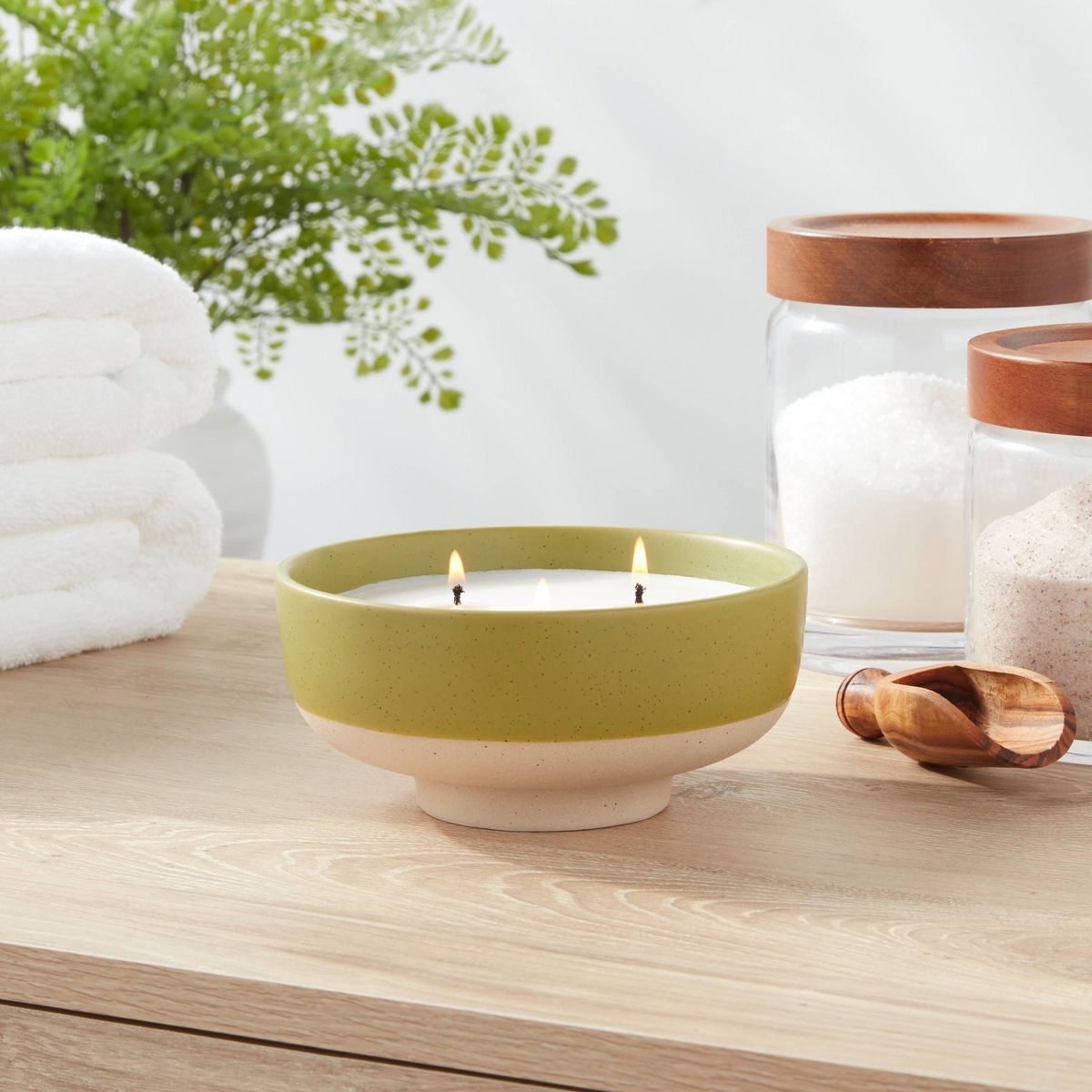3-Wick Textured Ceramic Fresh Linen + Sea Salt Footed Jar Candle Green13oz - Threshold™ | Target