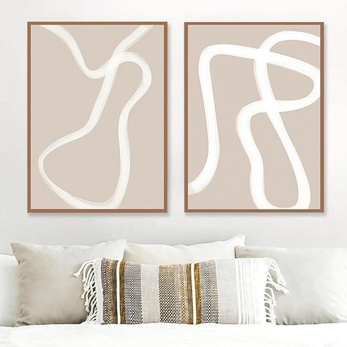 VLOLIFE Boho Trendy Poster Print Art Beige White Line Canvas Paintings Wall Abstract Prints Minim... | Amazon (US)