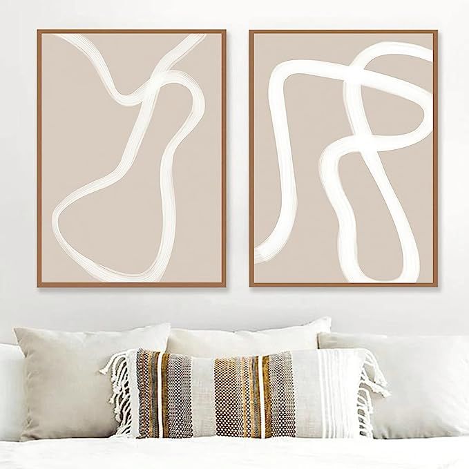 VLOLIFE Boho Trendy Poster Print Art Beige White Line Canvas Paintings Wall Abstract Prints Minim... | Amazon (US)