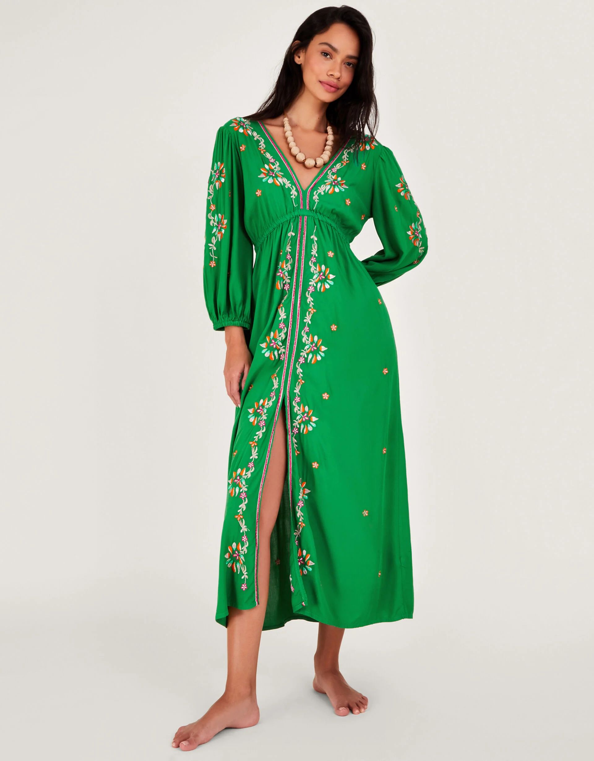 Embroidered Maxi Kaftan Dress in LENZING™ ECOVERO™ Green | Monsoon (UK)