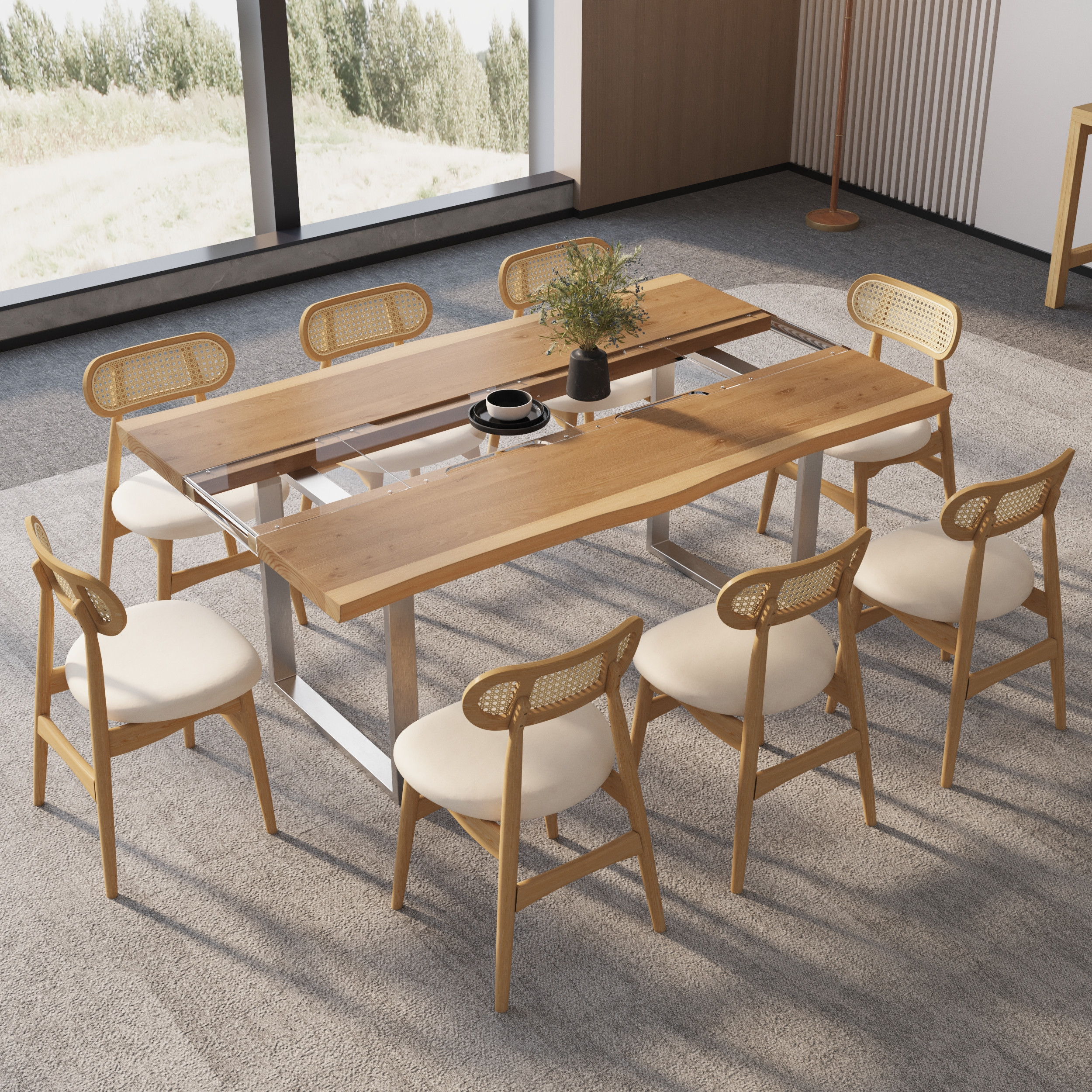 Rectangle River Live Edge Dining Table & 8 Dining Chairs Set Clear Acrylic Table Japandi Rattan Upholstered Chair | Homary