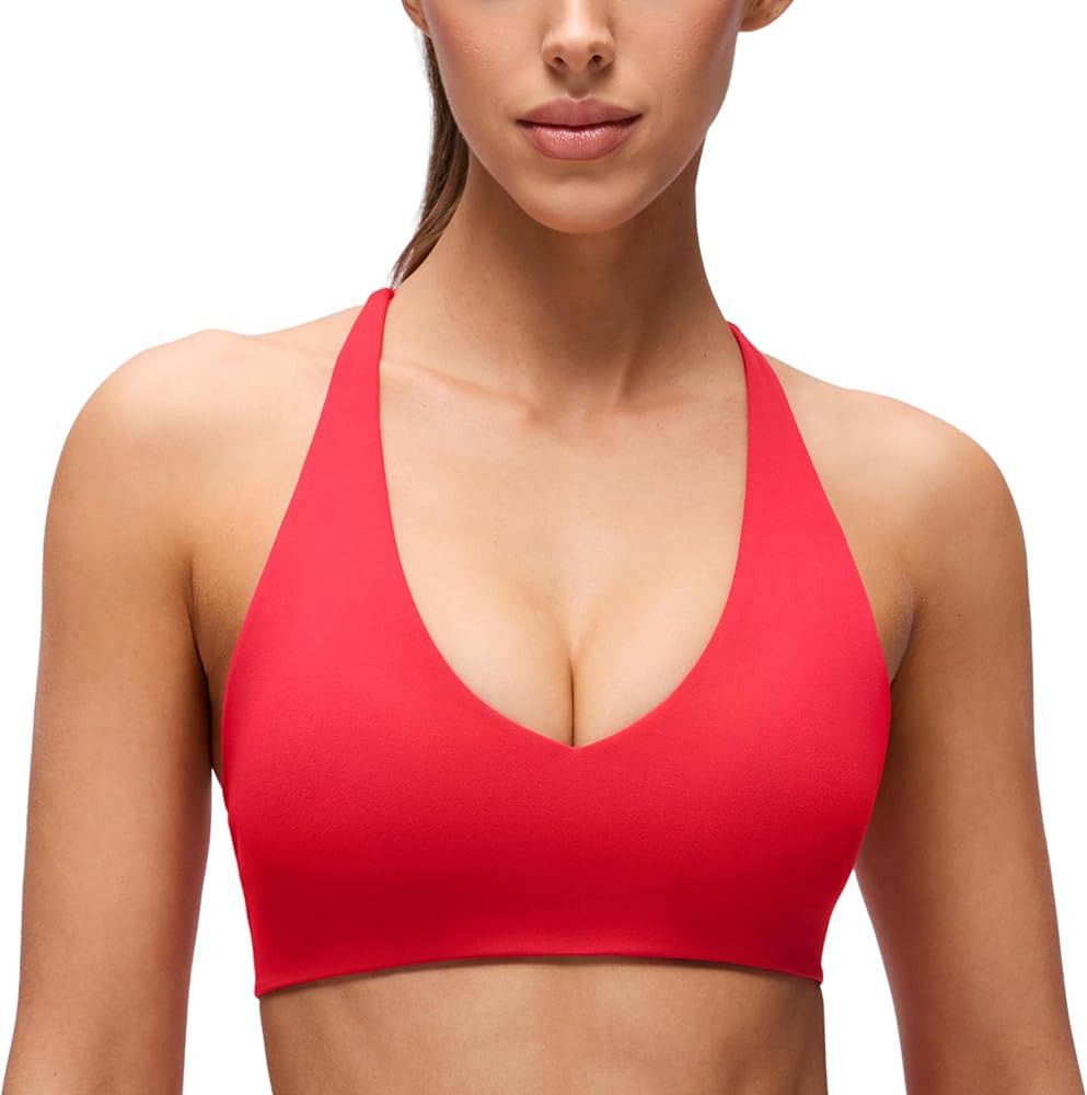 CRZ YOGA Butterluxe V Neck Twist Cross Back Sports Bras for Women - Adjustable Spaghetti Straps P... | Amazon (US)