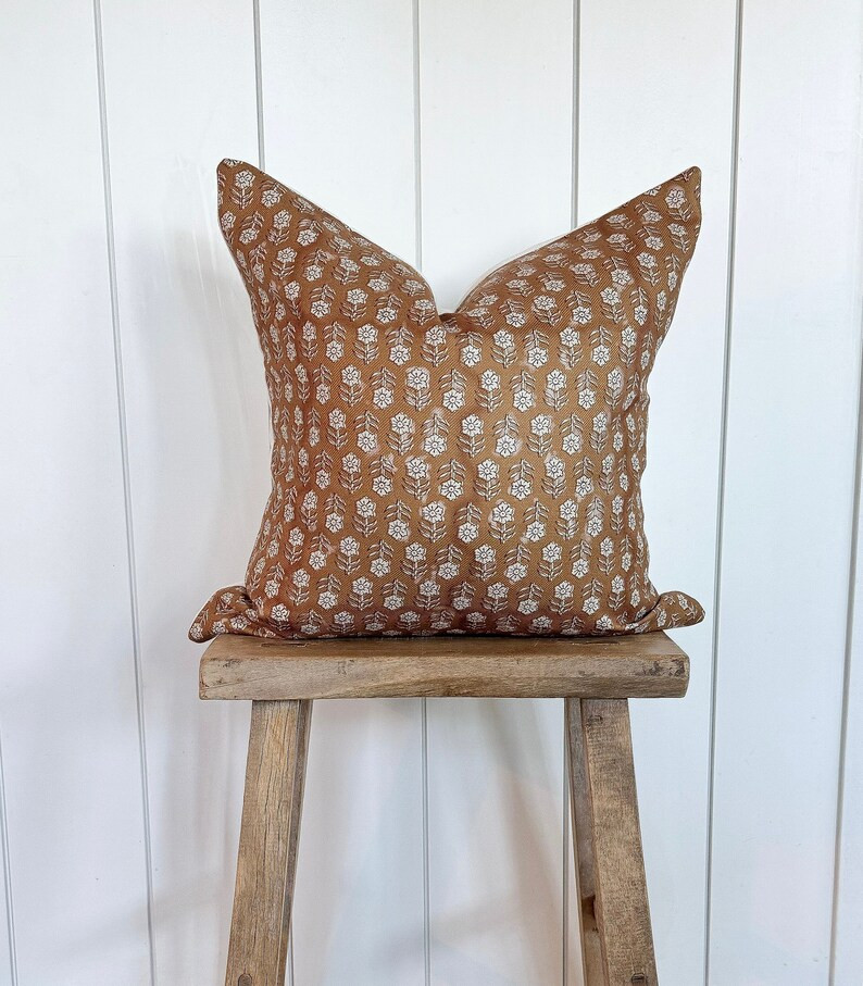 Floral Handblock Pillow Cover Brown Cream Designer Fabric Neutral Home Modern Farmhouse 18x18 20x... | Etsy (US)