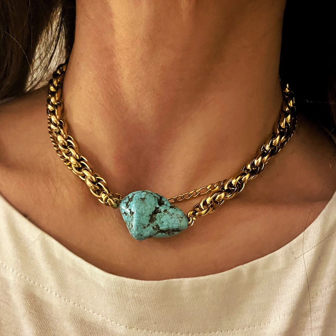 Turquoise Tone Choker Necklace, Chunky Gold Tone Necklace, Large Chain With Big Gem Stone, Retro ... | Etsy (US)