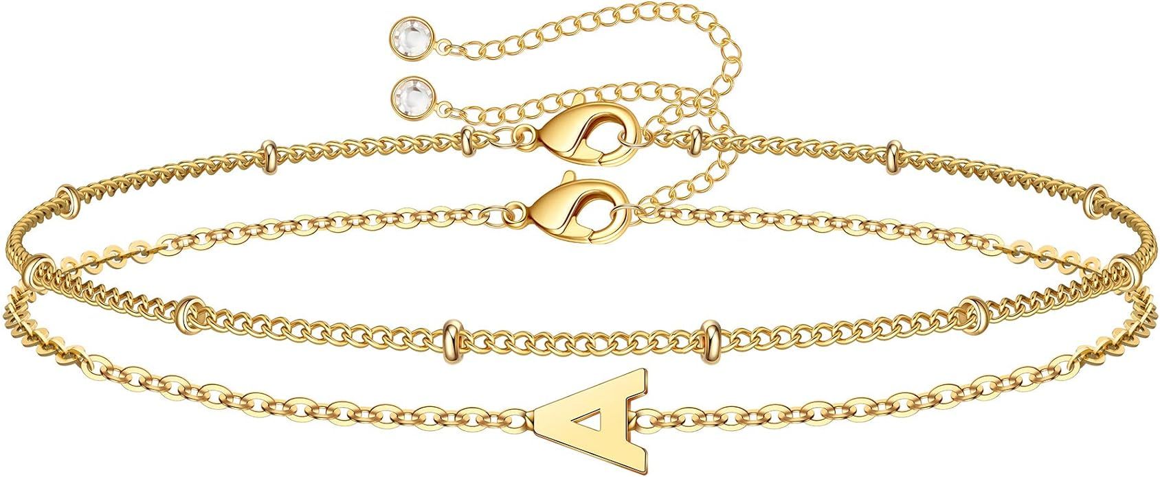 Dainty Gold Initial Bracelets for Women, 14K Gold Plated Dainty Personalized Gold Bracelets Initi... | Amazon (US)