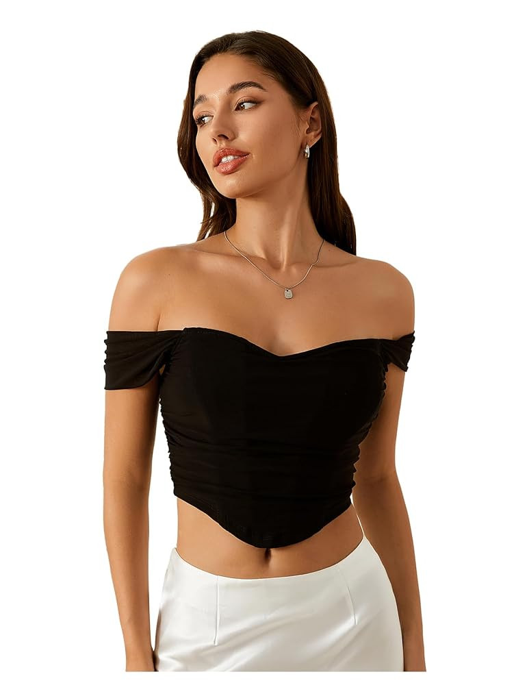 Floerns Women's Off Shoulder Short Sleeve Asymmetrical Hem Ruched Corset Crop Top | Amazon (US)