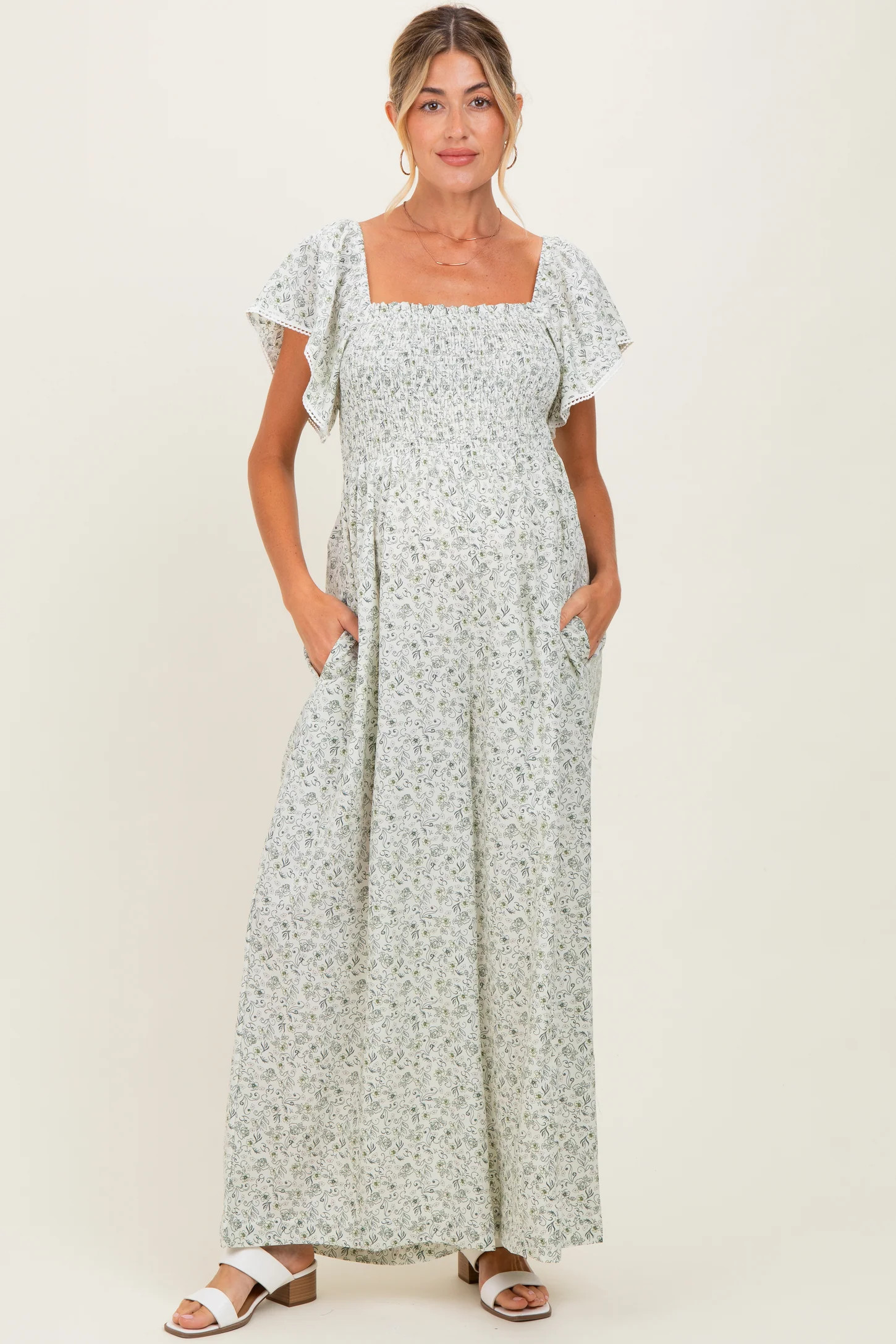Light Taupe Floral Smocked Lace Trim Wide Leg Maternity Jumpsuit | PinkBlush Maternity