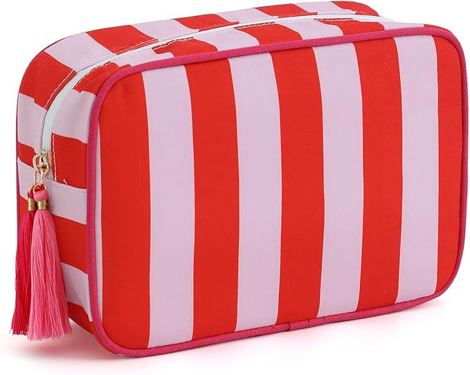 Stripe Makeup Bag Travel Cosmetic Bag Organizer Tassel Toiletry Bag Large Canvas Zipper Pouch and... | Amazon (US)