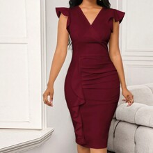 Office Dress Womens Fashion Elegant Design Round Neck Irregular Fake TwoPiece Burgundy Dress | SHEIN