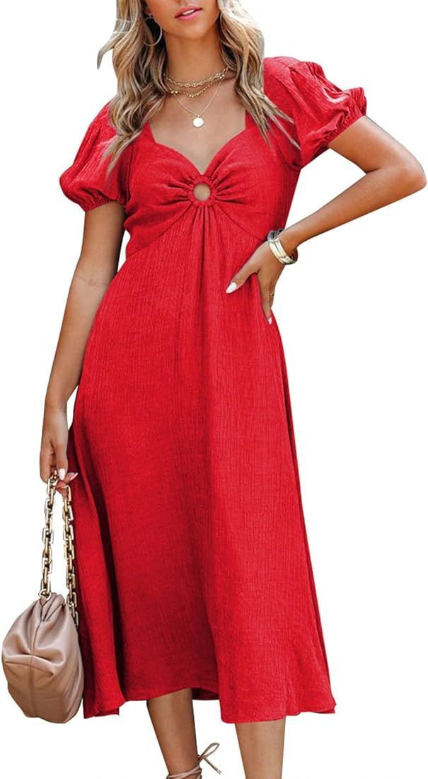 Bdcoco Women V Neck Cut Out Puff Short Sleeve Midi Dresses Swing A Line Keyhole Dress | Amazon (US)