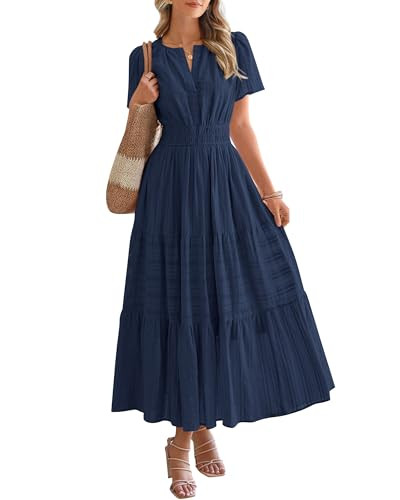 BTFBM Womens Summer 2026 Casual Midi Maxi Dresses Lightweight Short Sleeve V Neck Elastic Waist Boho Beach Dress Pockets(Navy, Large) | Amazon (US)