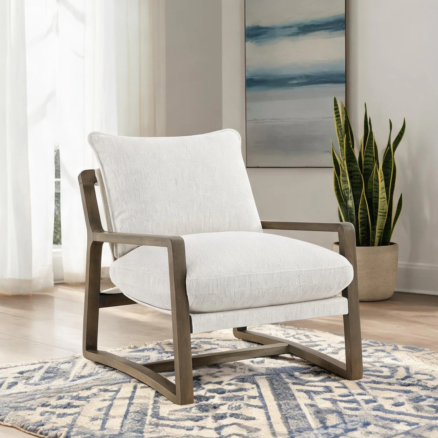 SunJet Boucle Upholstered Accent Chair with Ash Brown Solid Wood Frame Sand Beige one_size | G707Y77Y2H6R | Lowe's