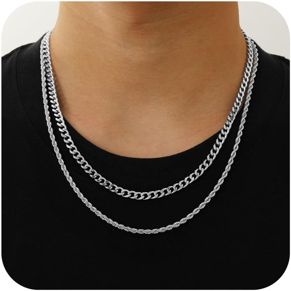 Layered Stainless Steel Chain Necklaces for Men Boys, 2Pcs Cuban Link/Rope/Herringbone Chains Jew... | Amazon (US)