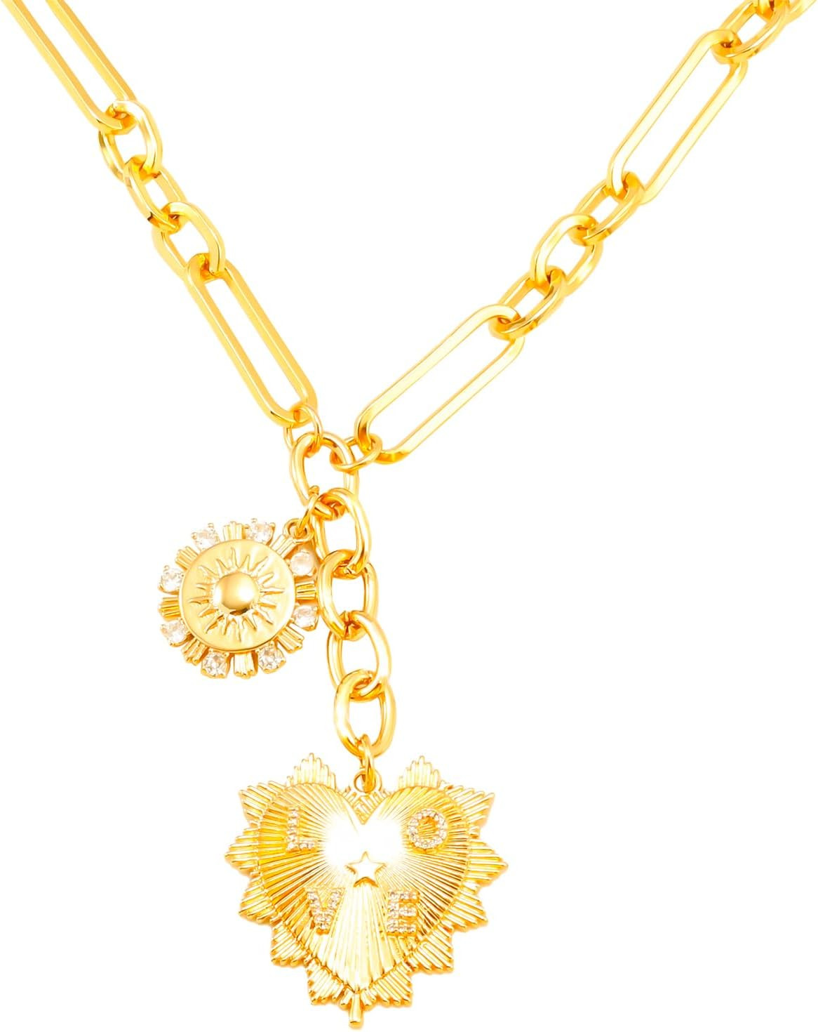Sun Heart Necklace for Women 18K Gold Plated Heart Pendant Necklace Chunky Chain Choker Necklaces Hip Hop Charm Necklaces Trendy Unisex Jewelry | Amazon (US)
