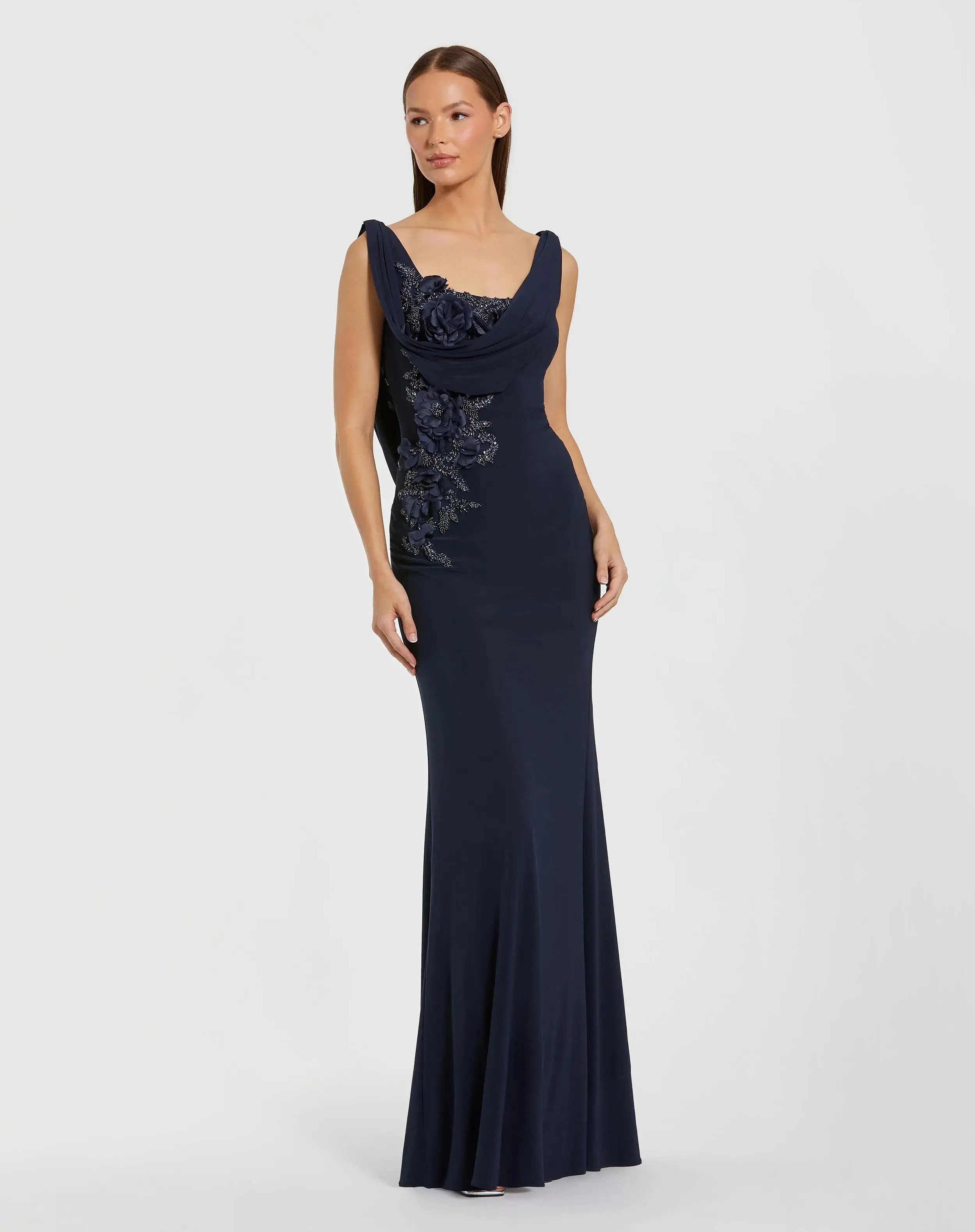 Navy Sleeveless Jersey Cowl Neck Gown With Beading | Mac Duggal | Mac Duggal