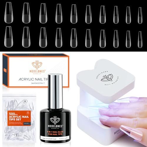 modelones X-Gel Nail Kit, 4-in-One Nail Glue Gel with 500pcs Half Matte Long Coffin Fake Tips & Portable U V LED Lamp, X-Gel Kit Acrylic Kit Upgraded Fast Extension | Amazon (US)