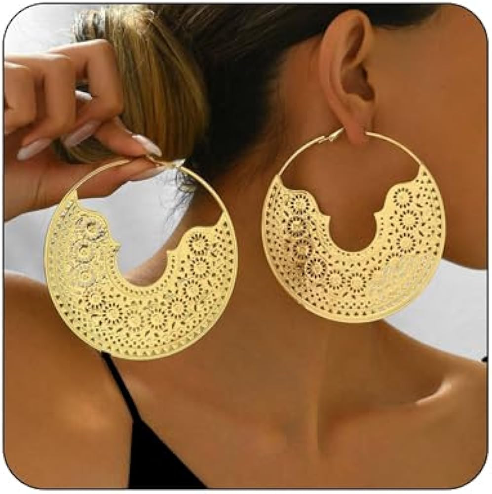 Chunky Metal Hoop Earrings Vintage Bohemian Textured Statement Earrings Gold Silver Oversized Pol... | Amazon (US)