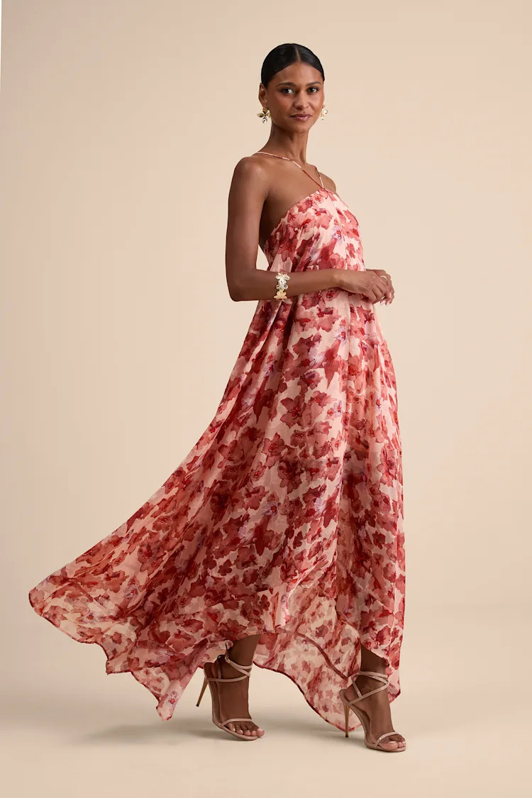 Dezzi Blush Multi Floral Halter Shift Maxi Dress | Lulus