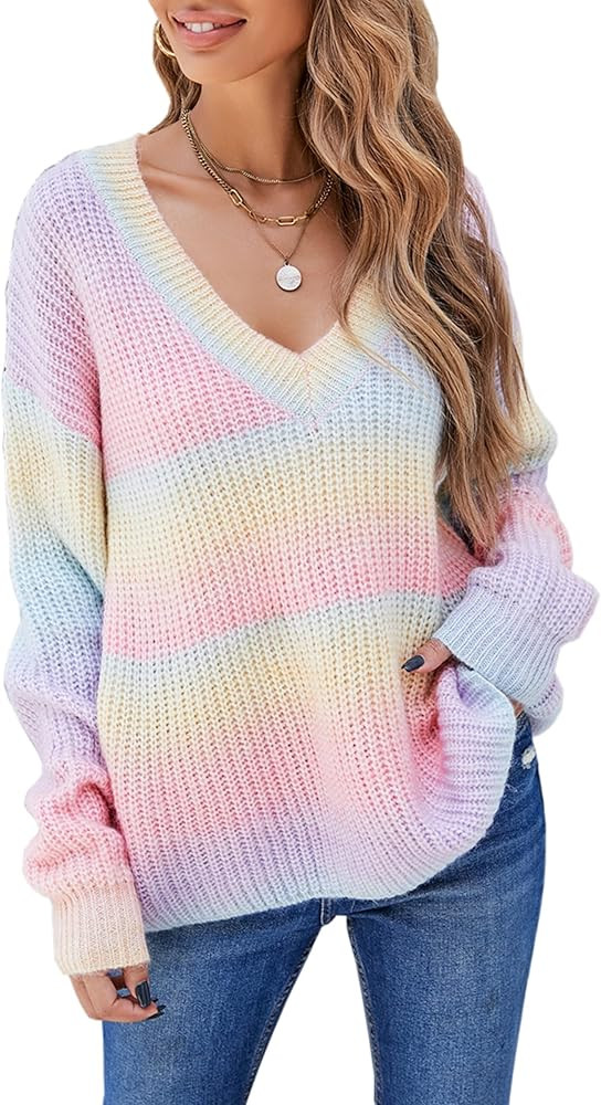 ECOWISH Women Tie Dye Colorful V Neck Sweaters Long Sleeve Lightweight Knit Pullover Sweater 227 ... | Amazon (US)
