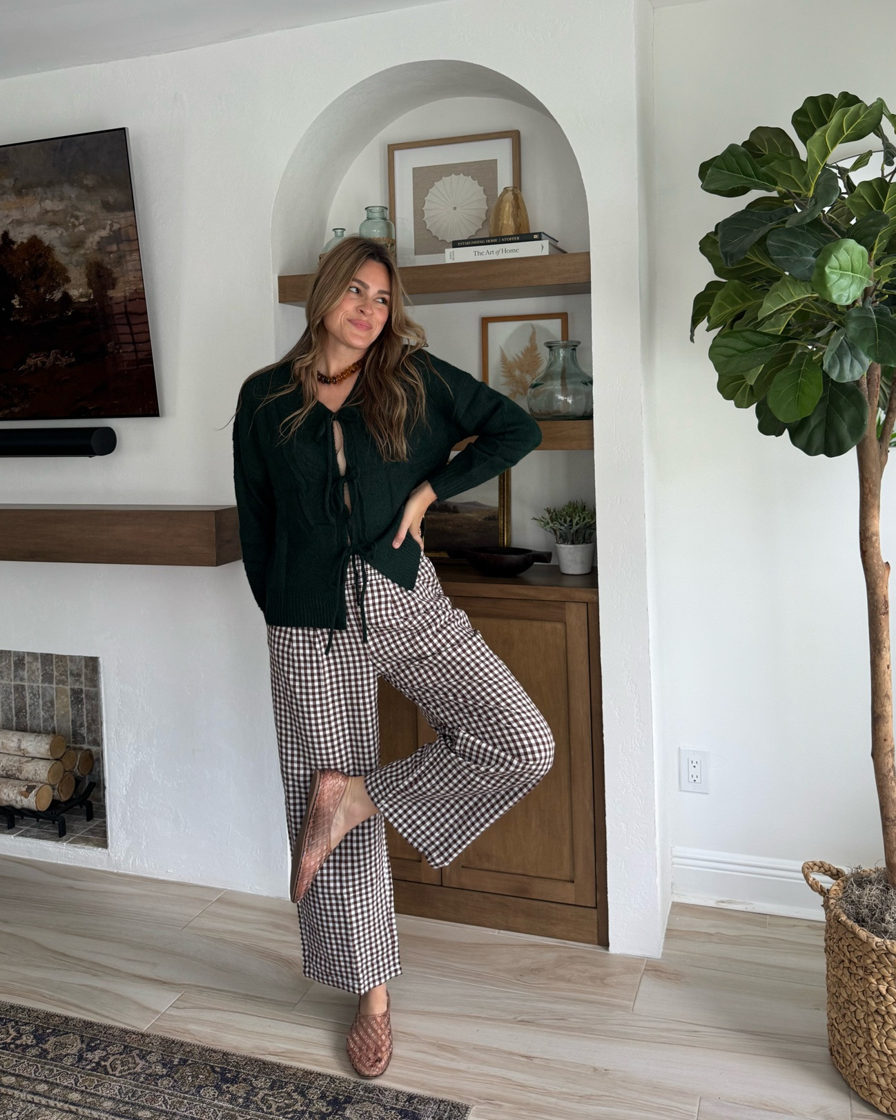 The coziest fall outfit that still feels cute and put-together! These striped gingham wide-leg pants are giving effortless, relaxed style with a comfy smocked high waist and pockets. Paired with this cozy oversized bow-front cardigan for that perfect casual, feminine touch. So easy for a coffee run, shopping day, travel, or a cozy day at home.

#LTKOver40 #LTKootd #LTKTall