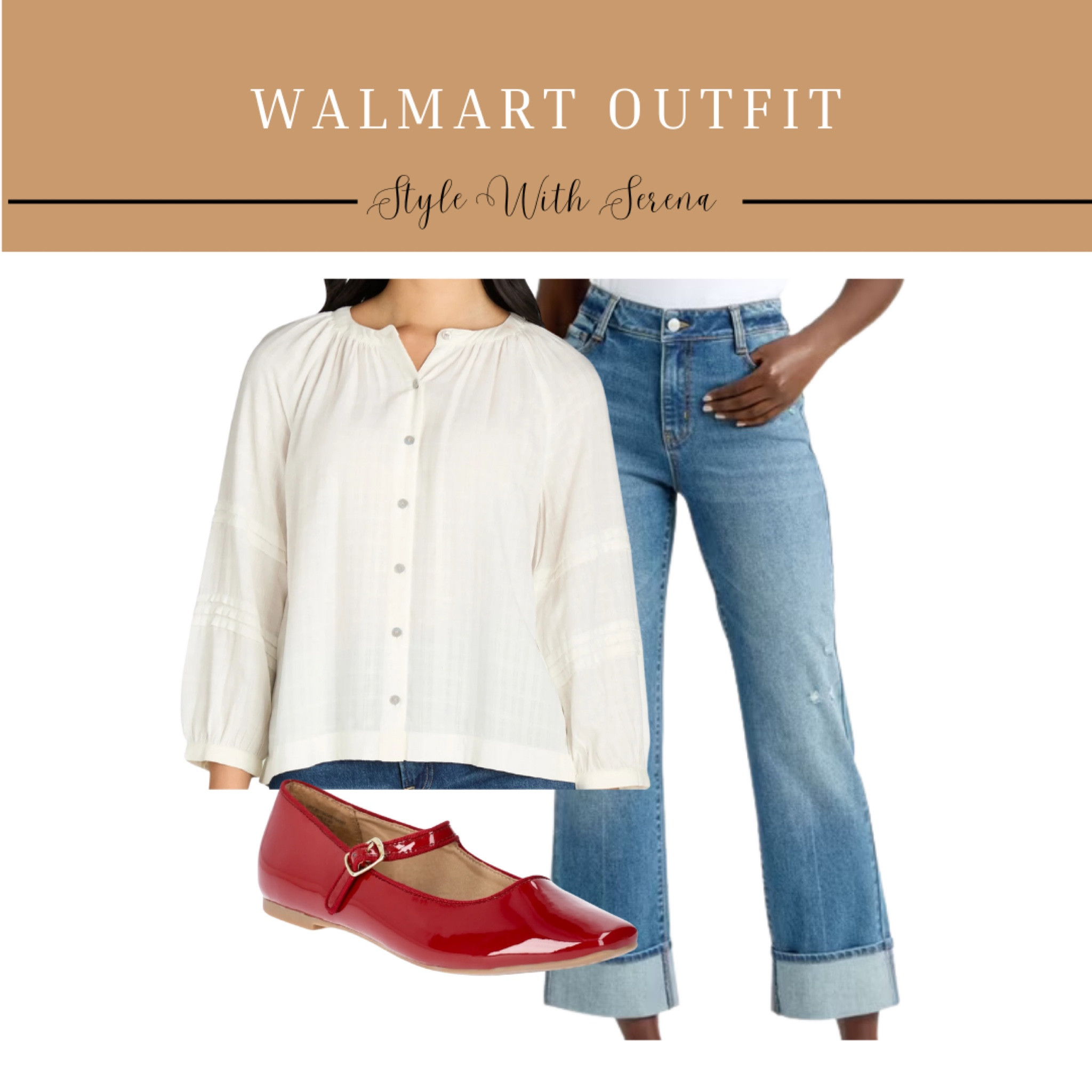 Walmart outfit, Walmart fashion, Walmart finds, blouse, white blouse, jeans, flats, red flats 

#LTKShoeCrush #LTKFindsUnder50 #LTKStyleTip