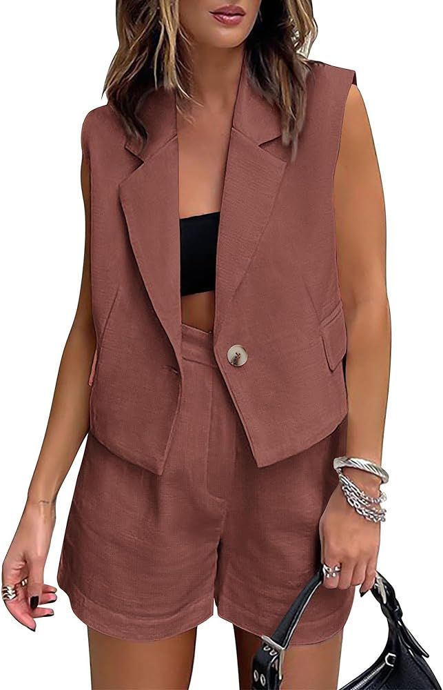 KIRUNDO Womens Fashion 2 Piece Outfits Sleeveless Button Lapel Vest Shorts Matching Sets Vacation... | Amazon (US)
