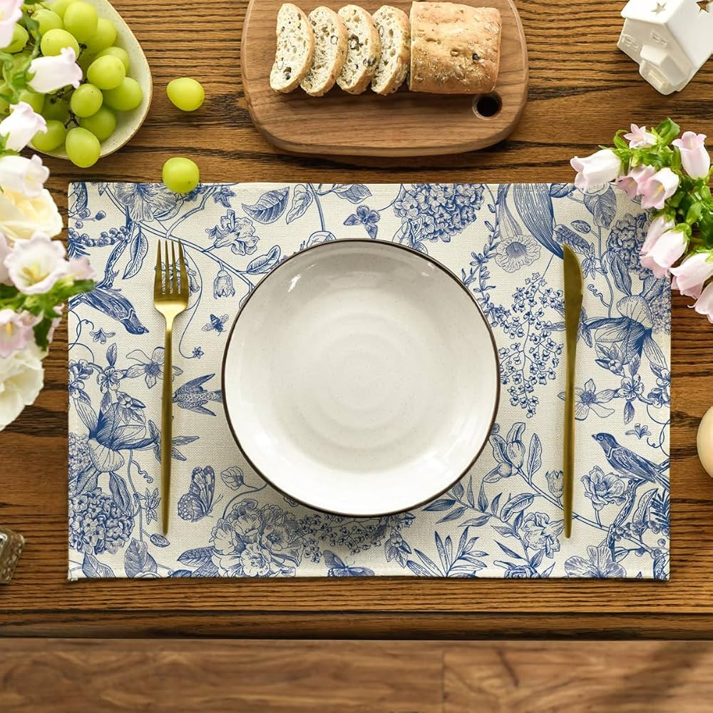 Artoid Mode Hydrangea Flowers Branches Chinoiserie Spring Placemats Set of 4, 12x18 Inch Table Ma... | Amazon (US)